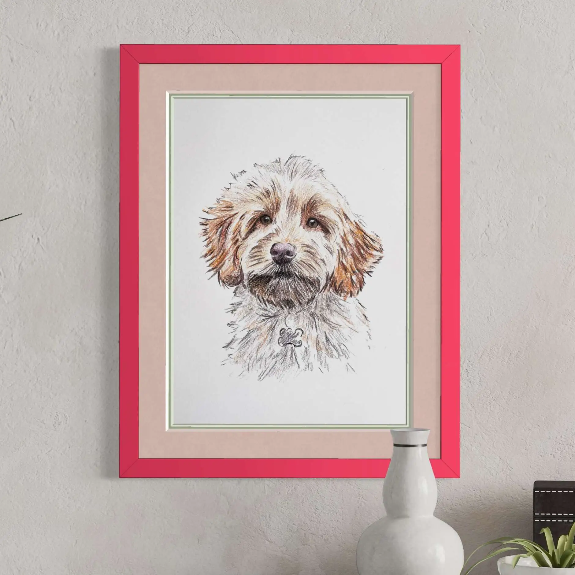 Framed custom pet portrait artwork in modern home decor