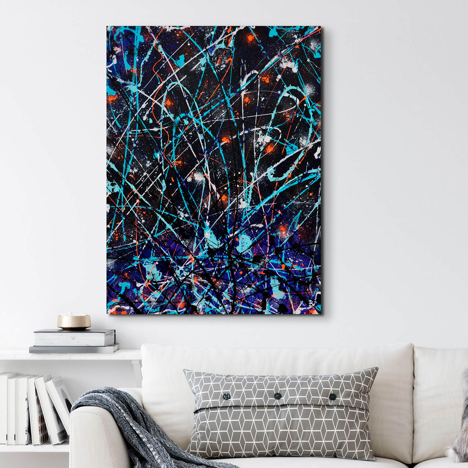 Satellite-Abstract-Painting-Above Bookshelf-Bridget-Bradley-1500px