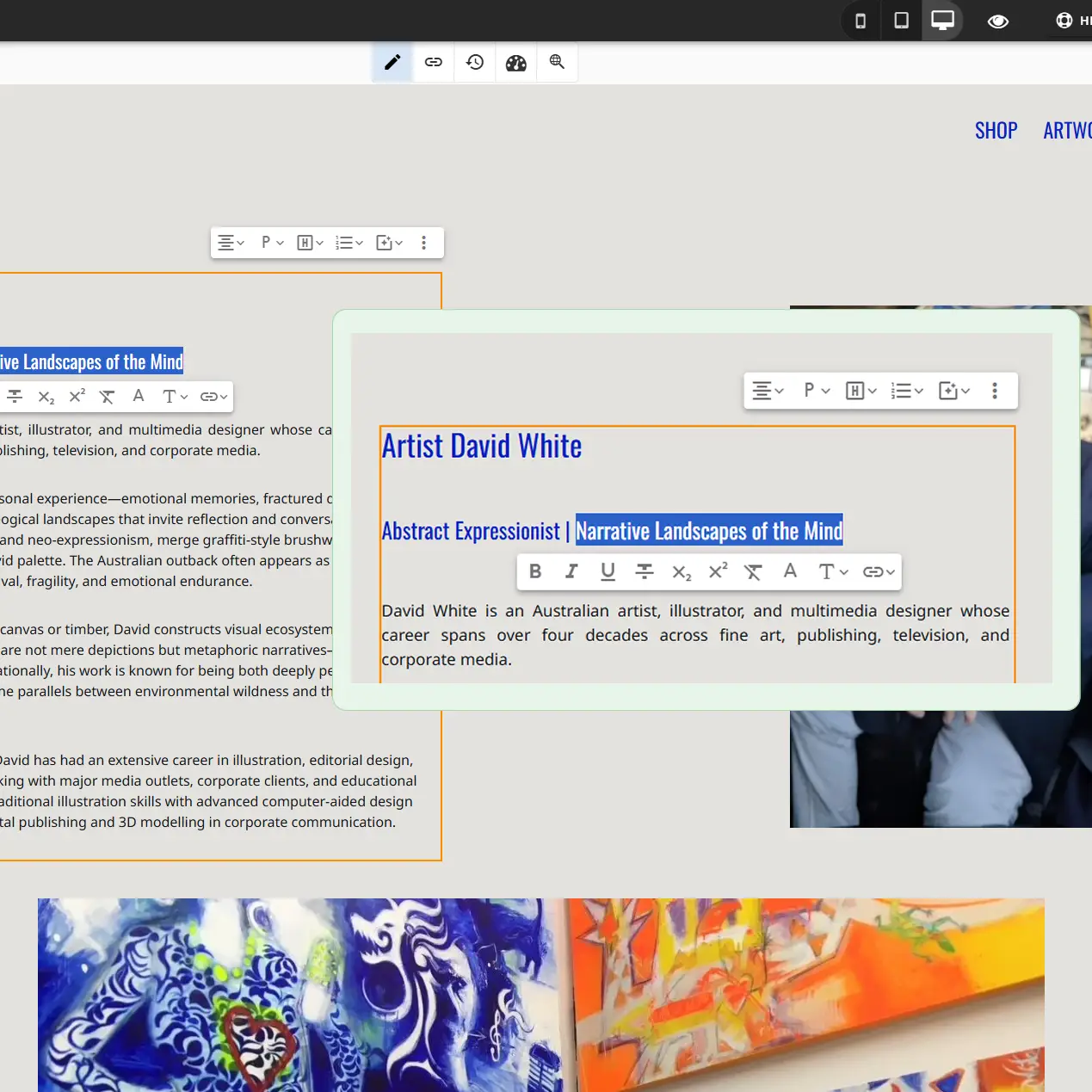 artist website example showing adding your artist bio