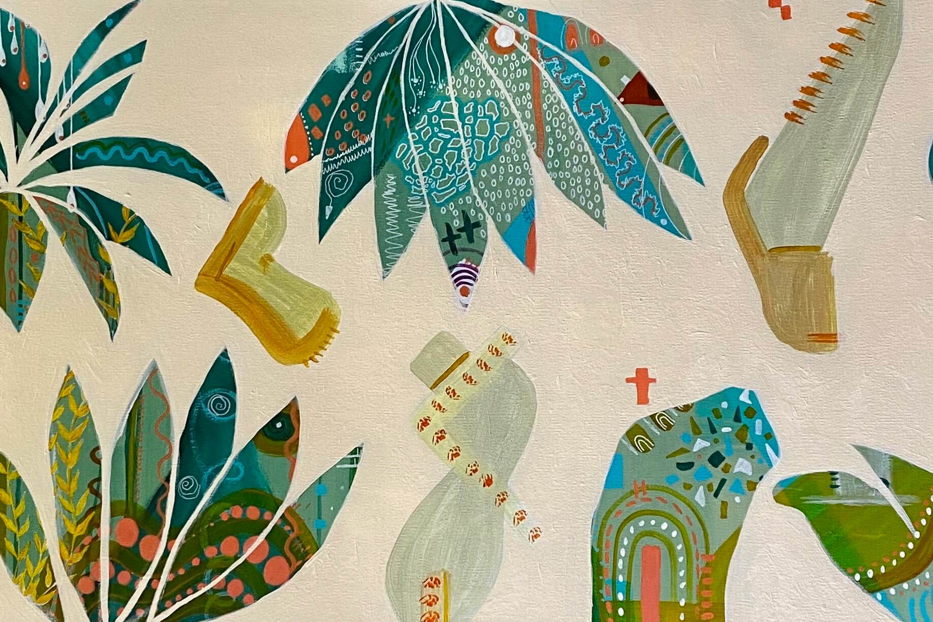 Tropical Conversation 150cm x 50 cm Mixed Media Acrylic and ink 