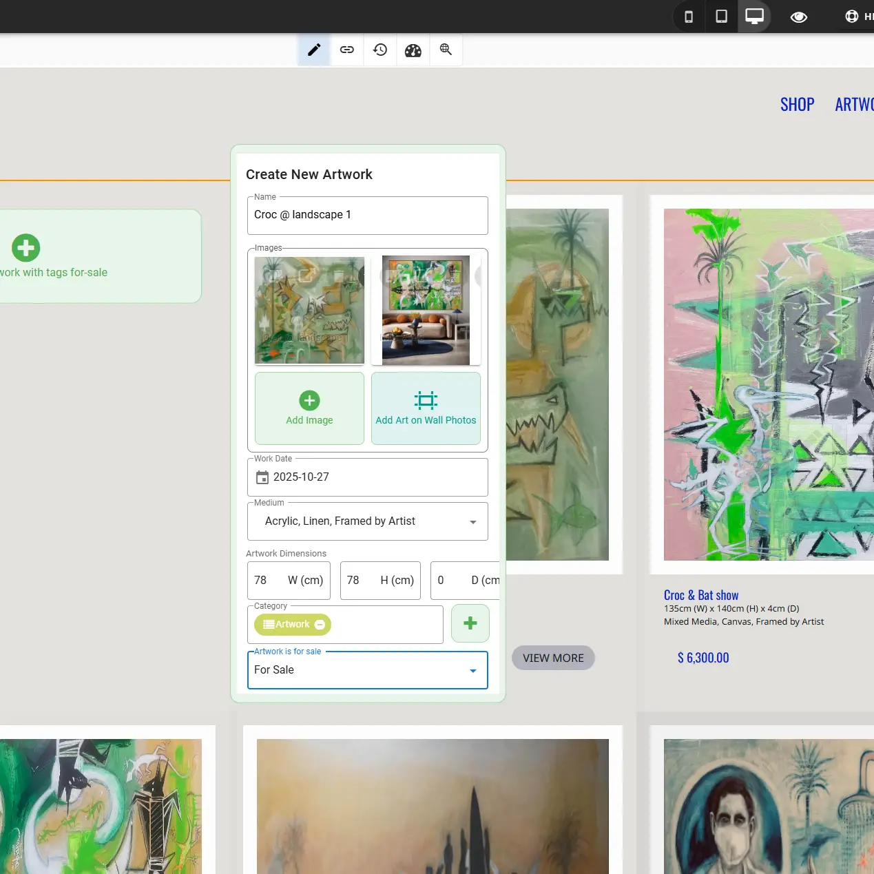 artist website example showing adding new artworks