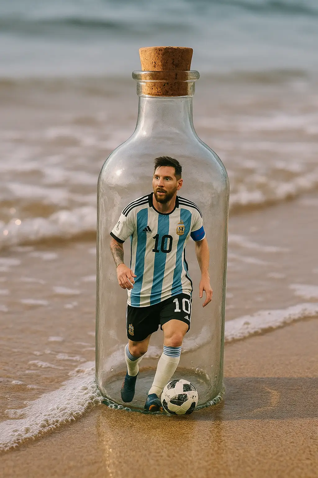 Botella flotante con Messi en la orilla