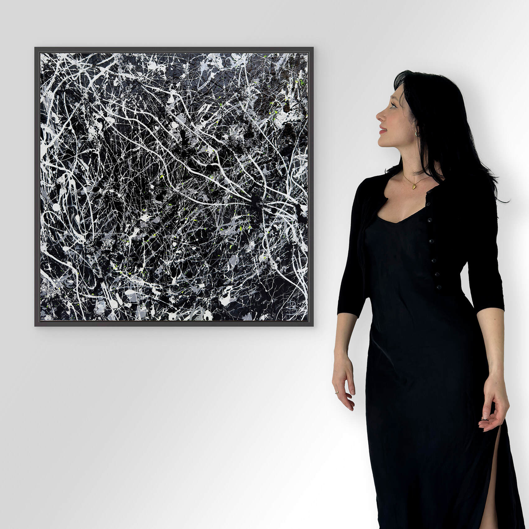 Bridget Bradley stands by 'Blackhat' Original Abstract Expressionism Painting-1700px