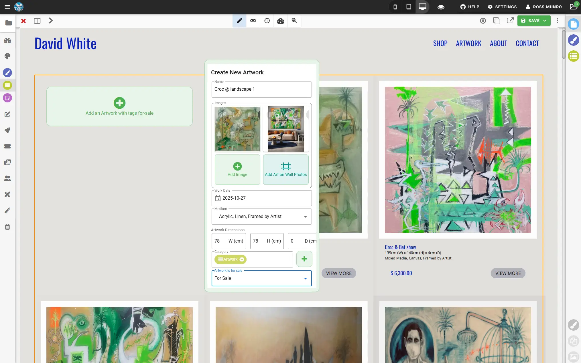 artist website example showing adding new artworks