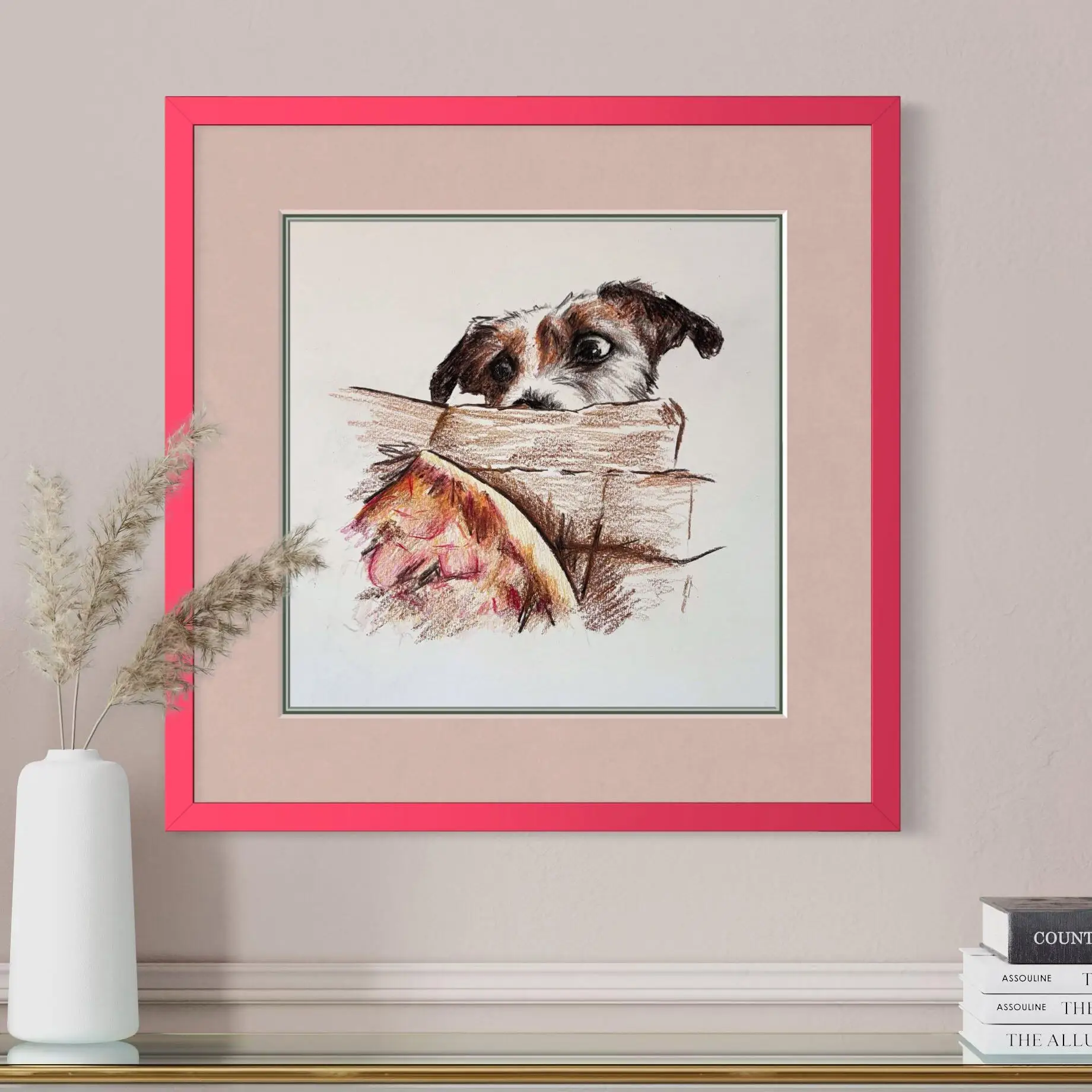Framed dog portrait artwork in modern home decor