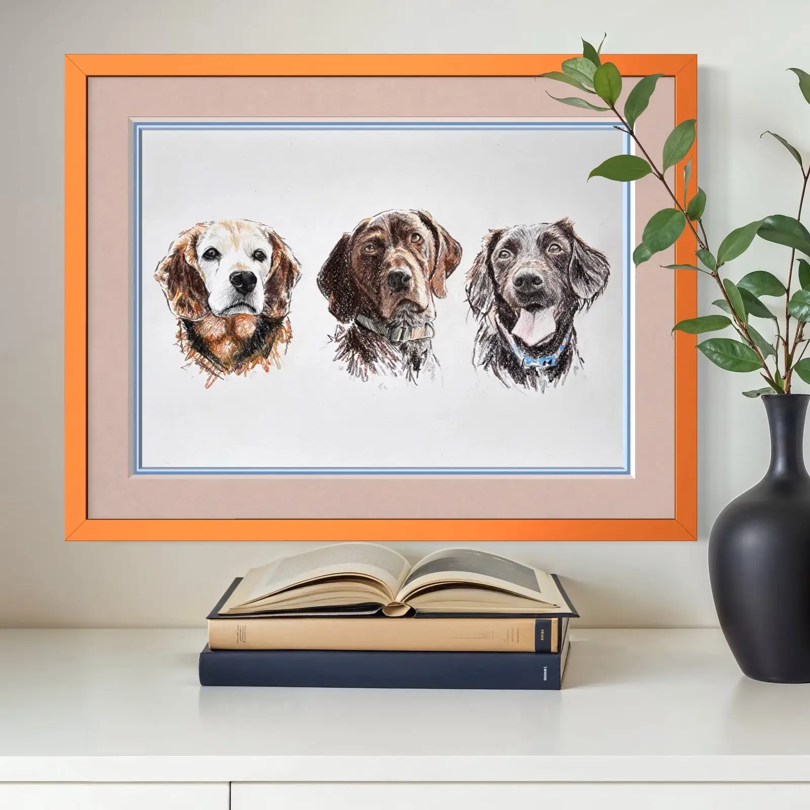 Framed pet portrait artwork showing multiple dogs in modern home decor
