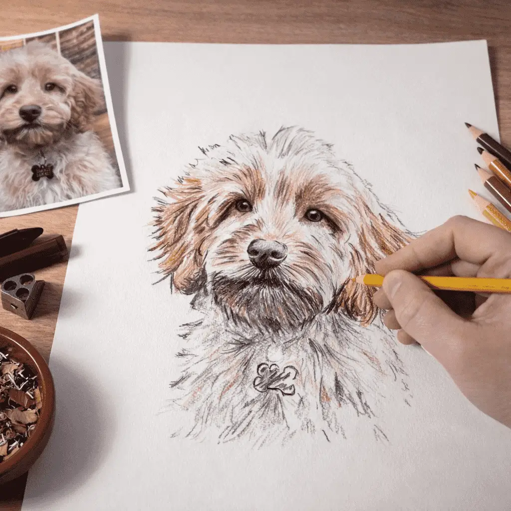 Detailed pet drawing showing artist drawing with coloured pencil texture
