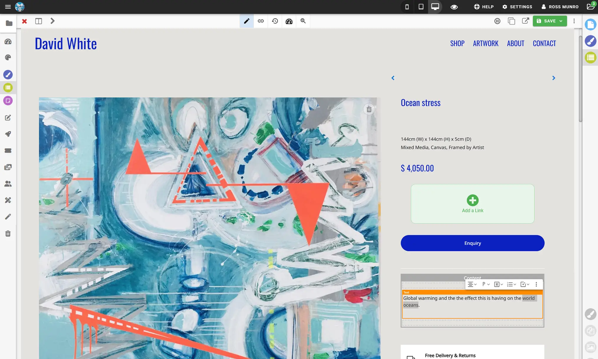 artist website example editing text on artworks