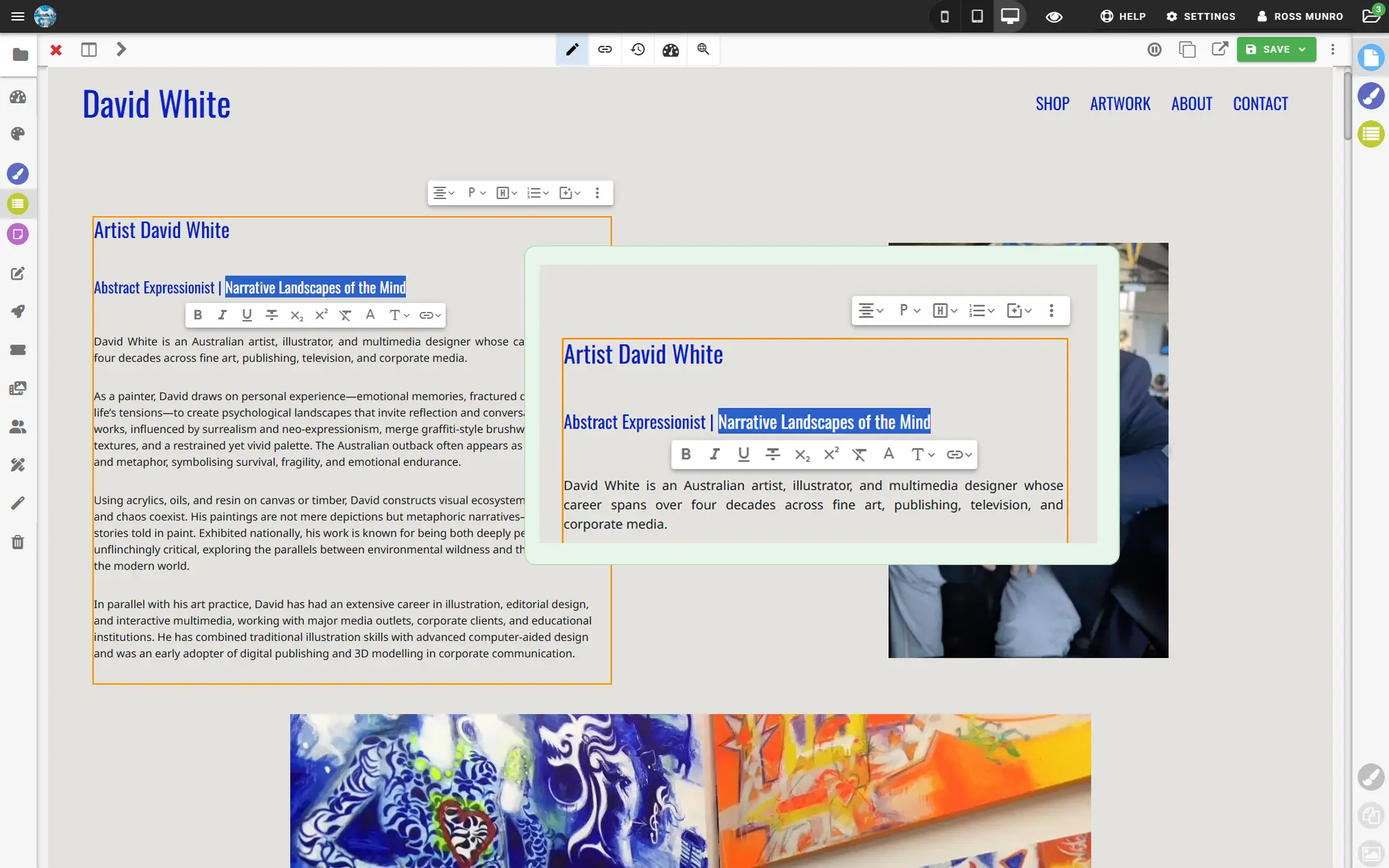 artist website example showing adding your artist bio