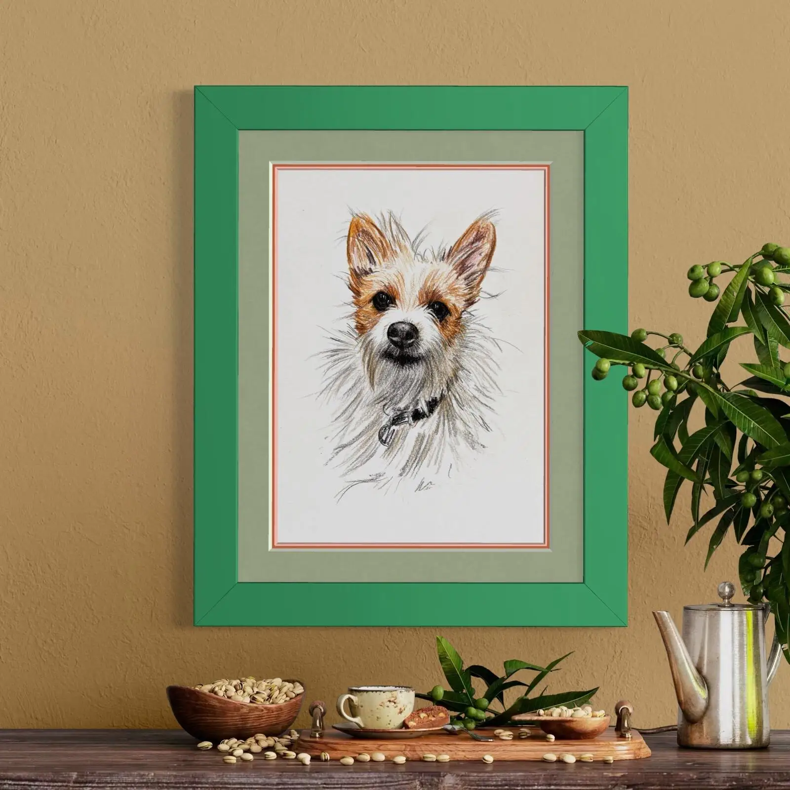 Framed custom dog portrait coloured drawing in modern home decor