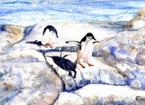 Follow me - Chinstrap penquins by Marijke Gilchrist