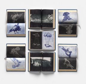 war pigeon diaries, etching, relief etching, photographs, hard cover books, ribbon, wax 