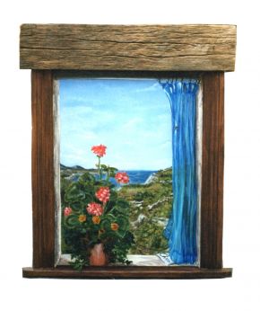 Geraniums and blue curtain 850 x 750  Acrylic on panel 118