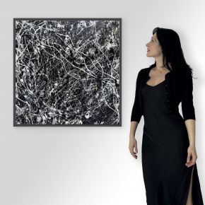 Bridget Bradley stands by 'Blackhat' Original Abstract Expressionism Painting-1700px
