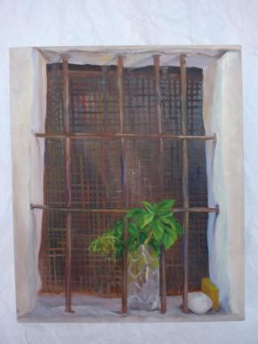 Basil in barred window. Oil on canvas